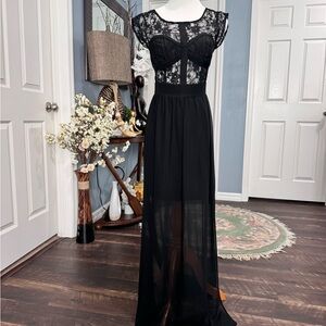 BCBG, black, lace, sheer maxi dress. Size 4.